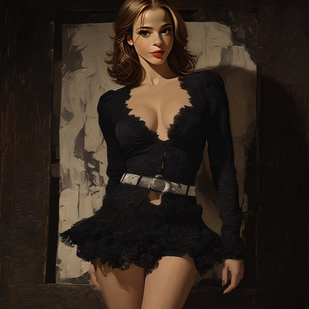 Stylish Woman in Black Lace Dress with Silver Belt Digital Art