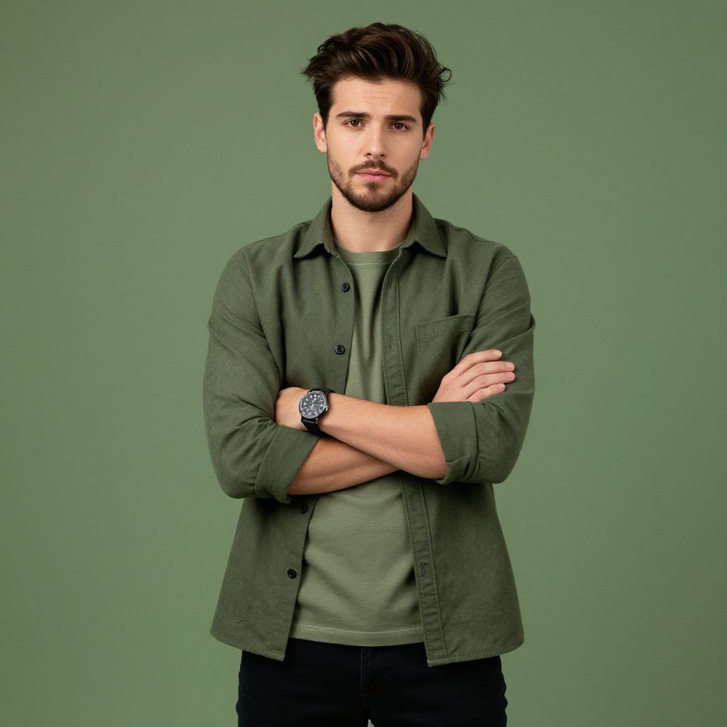 Confident Young Man in Green Casual Outfit Against Green Background
