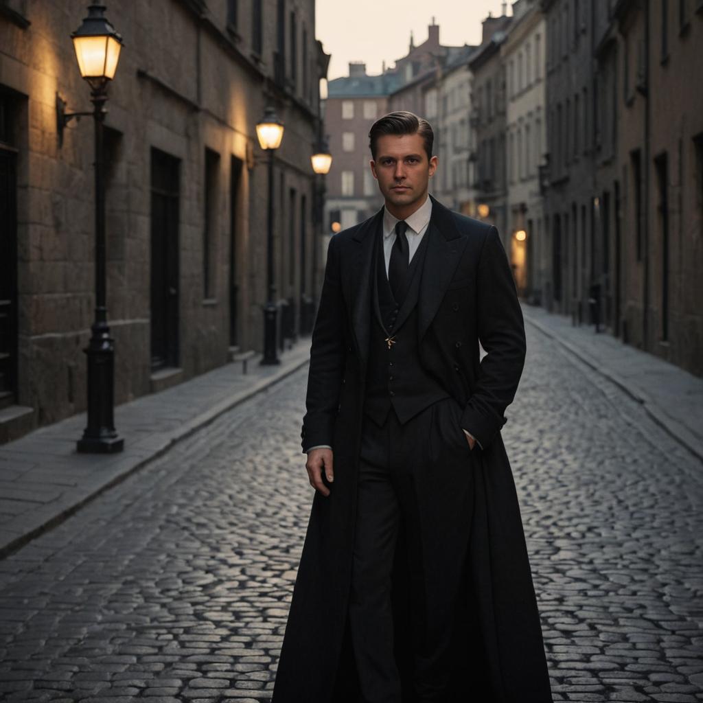 Vintage Man on Cobblestone Street at Dusk