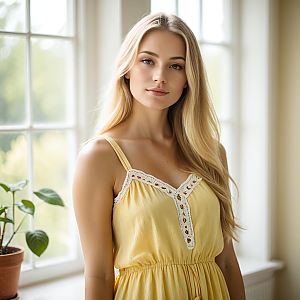 Young Woman in Yellow Dress by Window