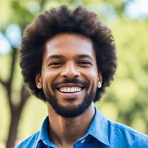 Cheerful young man with beard and afro outdoors