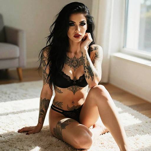 Tattooed Woman Posing in Black Lingerie by Sunlit Window