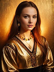 Woman in Metallic Gold Blouse with Gold Jewelry and Elegant Style