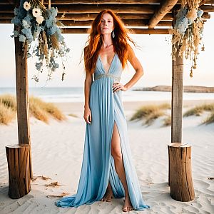 Red-Haired Woman in Blue Gown on Beach