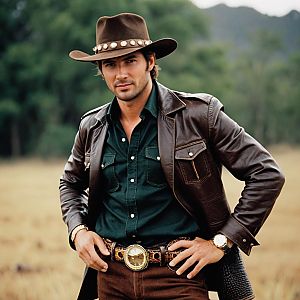 Confident Man in Classic Cowboy Outfit with Leather Jacket and Hat