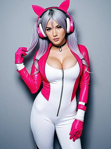 Woman in Pink and White Anime-Inspired Cosplay with Cat Ear Headphones