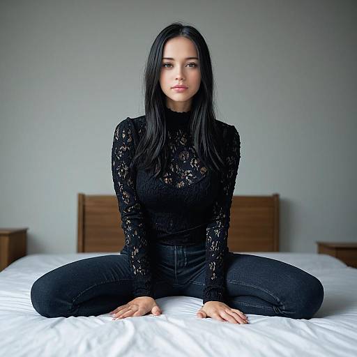 Poised Young Woman in Black Lace Sitting on Bed in Minimalist Room