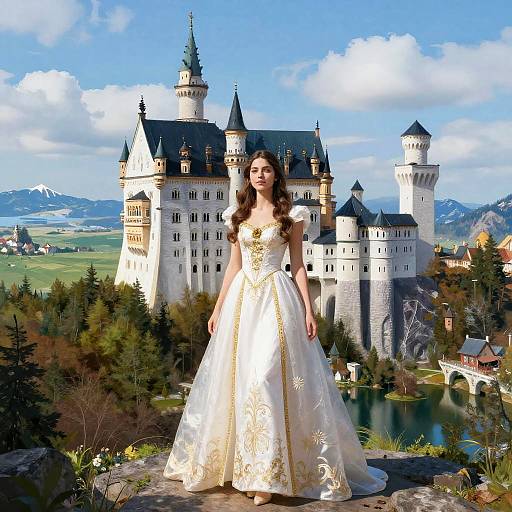 Elegant Woman in Medieval Gown in Front of Fairy-Tale Castle