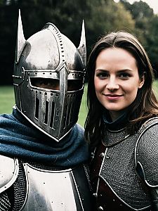 Man in Medieval Knight Costume with Woman in Armor Outdoors