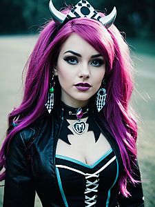 Woman in Monster High Costume Cosplay with Pink Hair and Leather Jacket