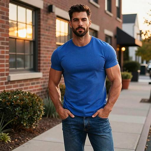 Confident Man Wearing Blue T-Shirt Outdoors at Sunset