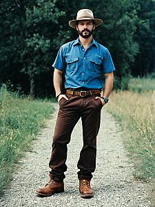 Man in Blue Shirt and Brown Pants Wearing Hat on Nature Path
