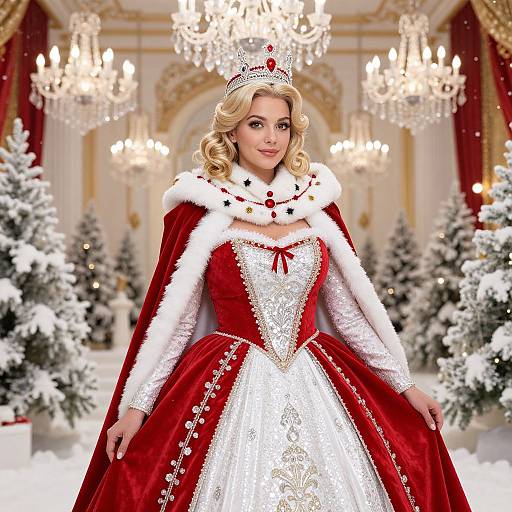 Regal Woman in Red and White Royal Gown with Crown in Luxurious Winter Palace