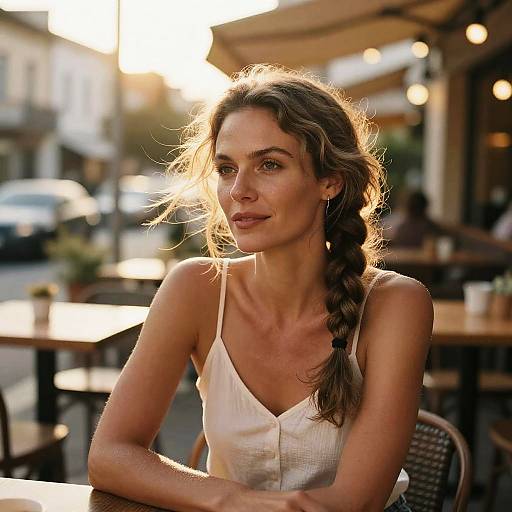 Young Woman Relaxing at Outdoor Cafe in Warm Evening Light