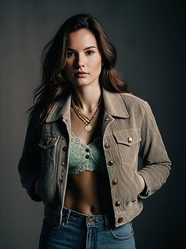Woman Wearing Casual Chic Cropped Brown Corduroy Jacket with Wide Lapels