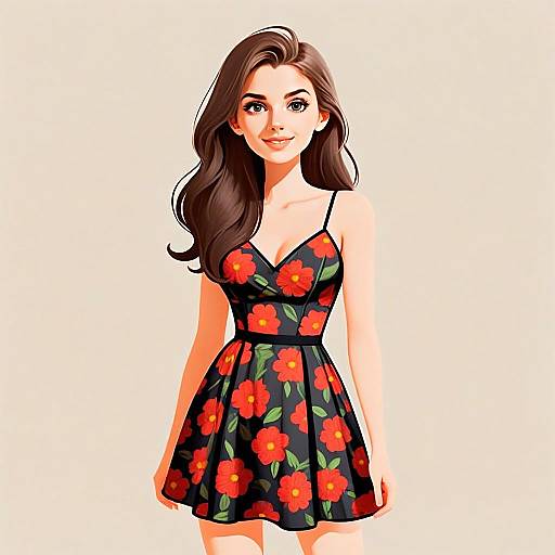 Digital Illustration of Woman in Black Floral Dress with Pretty Hair and Smile
