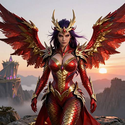 Epic Woman Warrior in Red and Gold Armor with Majestic Wings at Sunset
