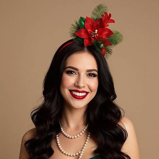 Smiling Woman with Festive Red Floral Headband and Pearl Necklaces