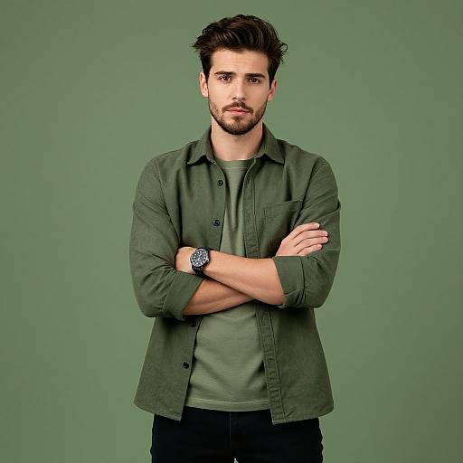 Confident Young Man in Green Casual Outfit Against Green Background