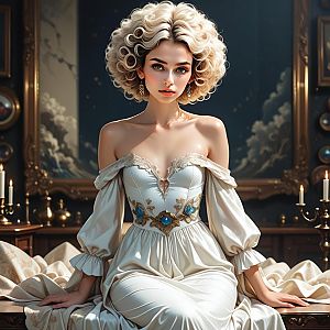 Elegant Woman in Off-Shoulder Gown with Vintage Ambiance