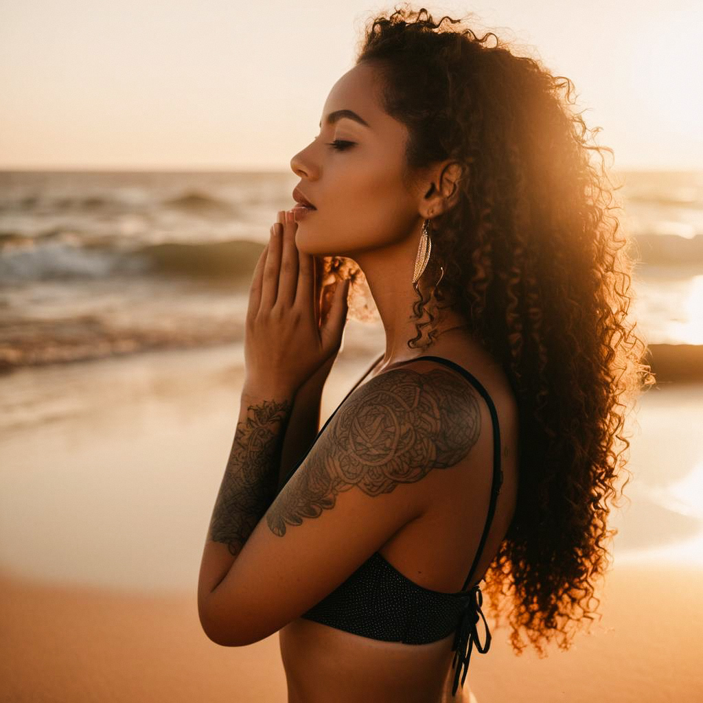 Woman Meditating on Beach at Sunset