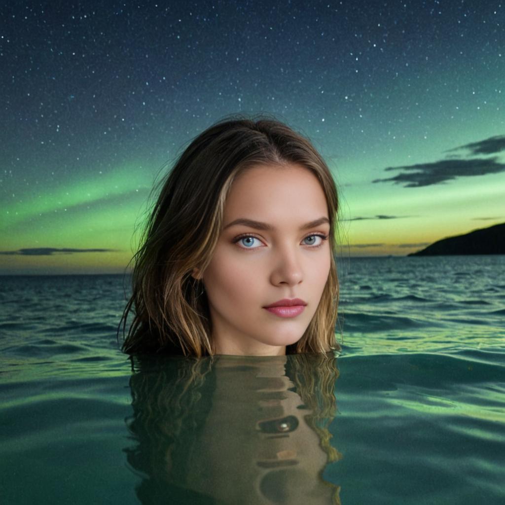 Woman in Water under Aurora Night Sky