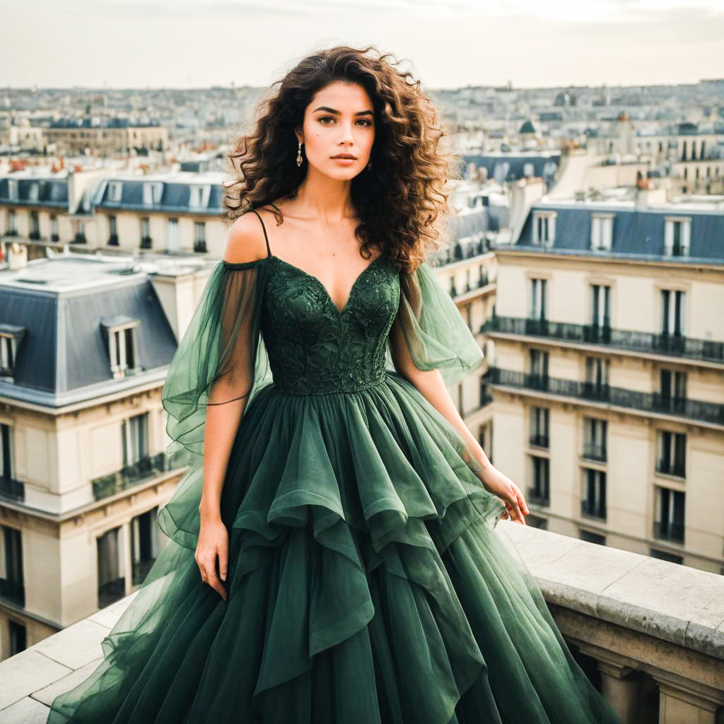 Woman in Green Gown Against Paris Skyline