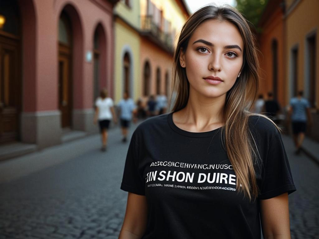 Confident Woman in Stylish T-Shirt on Cobblestone Street