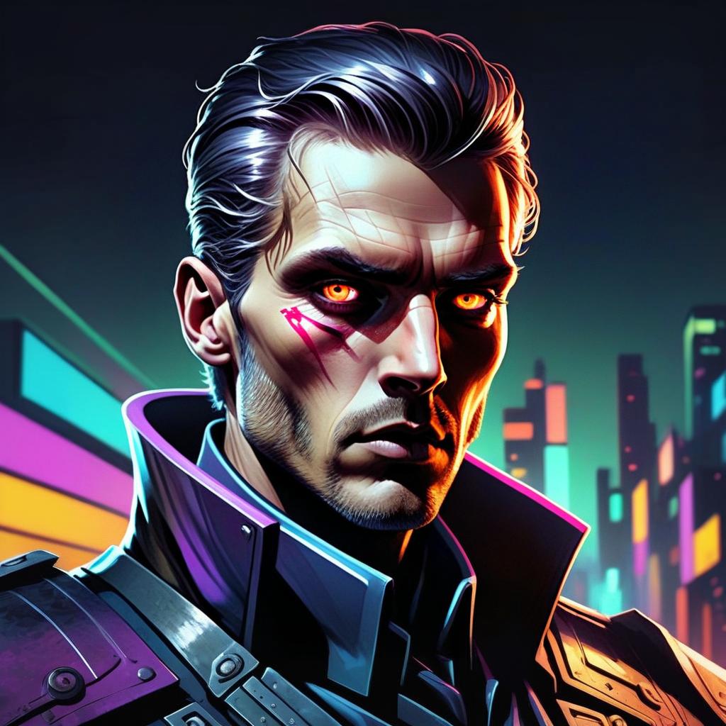 Futuristic Man with Orange Eyes in Cyberpunk City Futuristic Man with Orange Eyes in Cyberpunk City