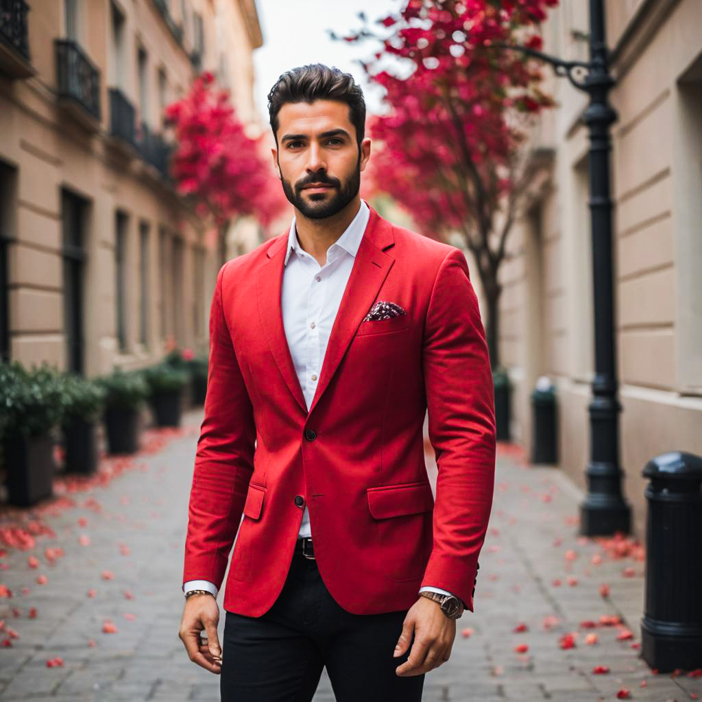 Stylish Man in Red Blazer on Autumn Street