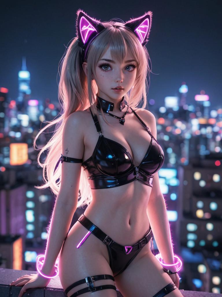 Woman in Neon Pixu Costume in Futuristic City