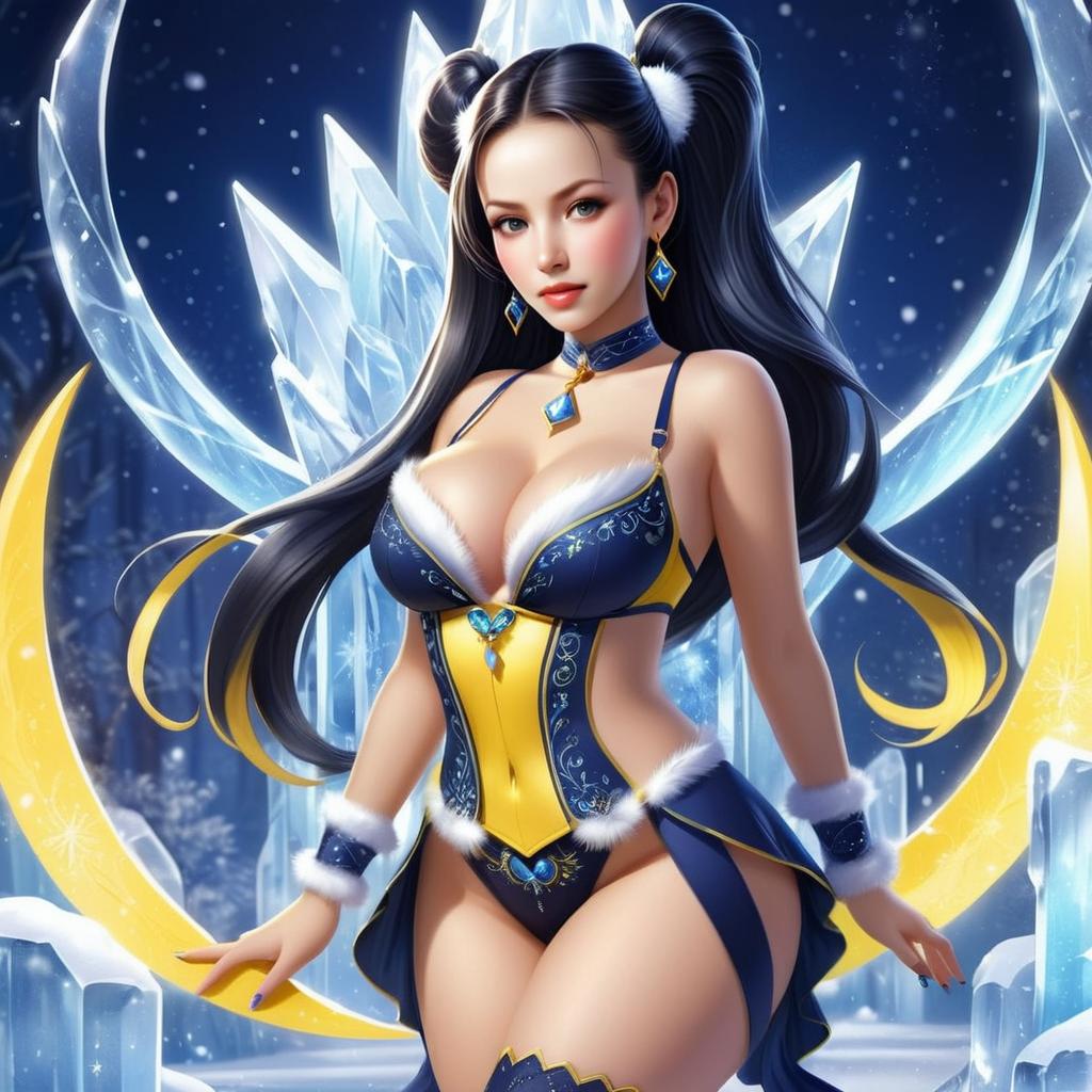 Fantasy Winter Fairy Woman in Blue and Yellow Outfit with Crystal Wings