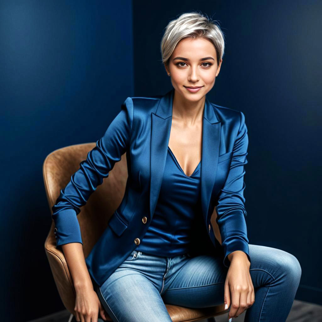 Woman in Stylish Blue Blazer and Denim