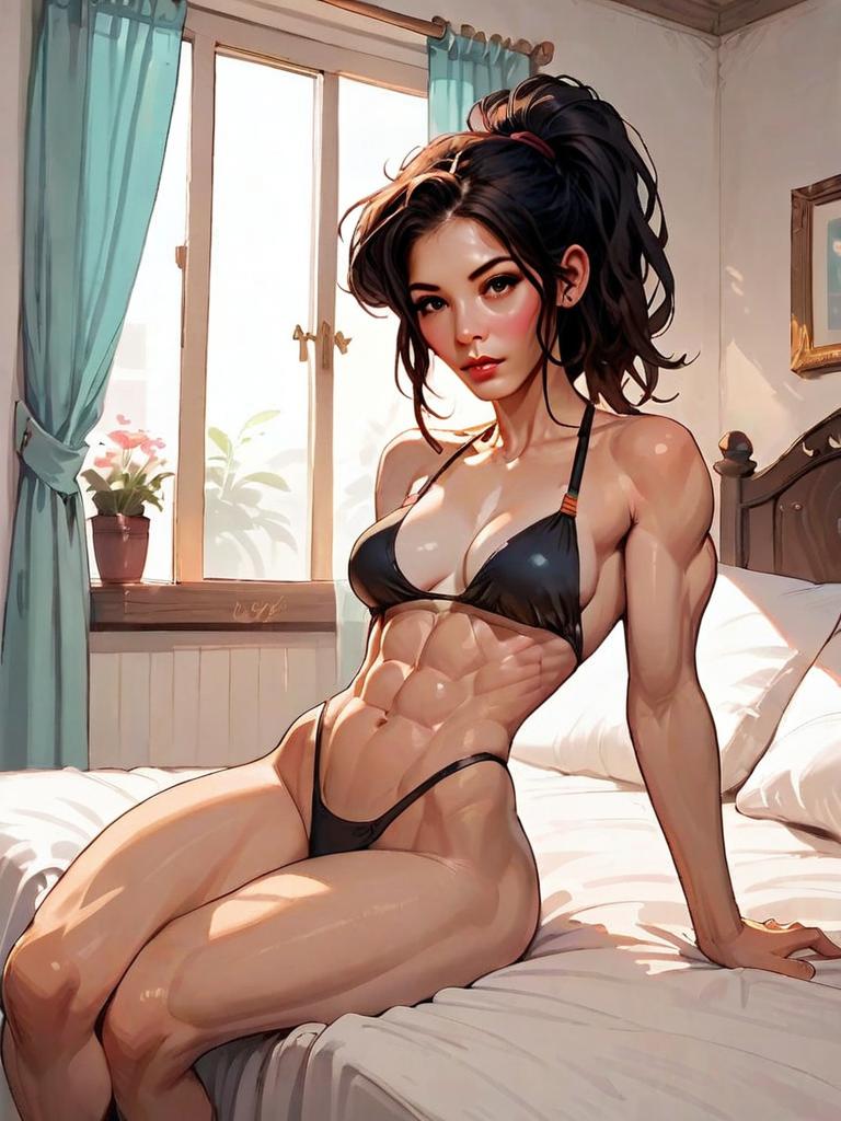 Stylized Digital Illustration of Fit Woman in Black Bikini with Muscular Physique