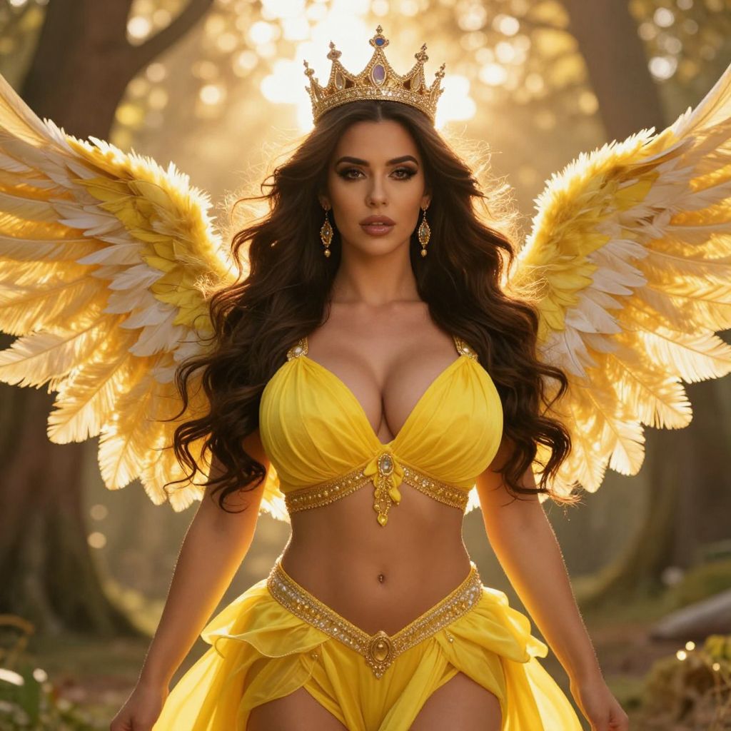 Regal Woman in Yellow Dress with Golden Wings and Crown in Sunlit Forest