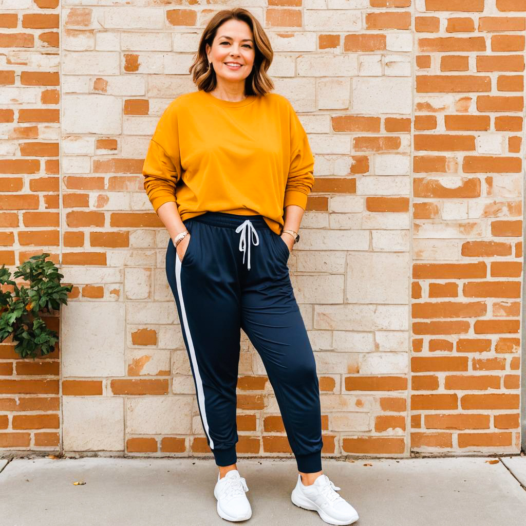 Fashionable Woman in Yellow Sweater and Track Pants