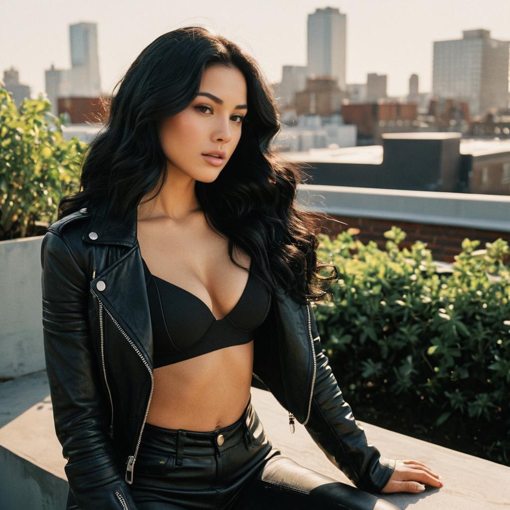 Confident Woman in Leather Jacket on Rooftop with Cityscape