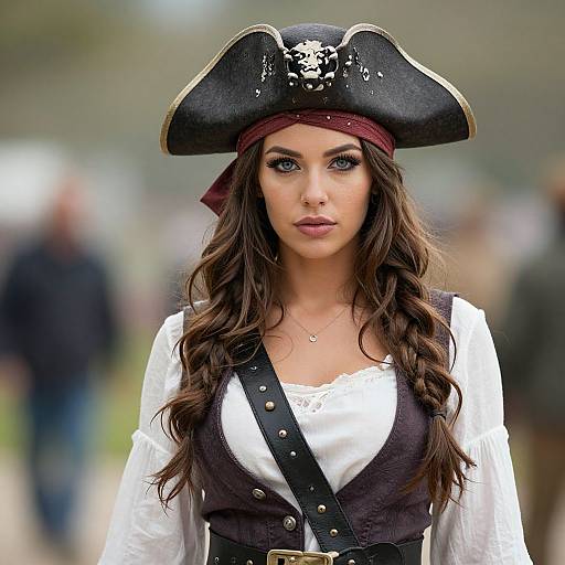 Woman in Authentic Pirate Costume with Tricorn Hat and Braided Hair