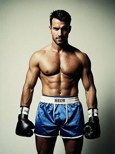 Muscular Man in Vintage Blue Boxer Costume Waist-Up Editorial Portrait