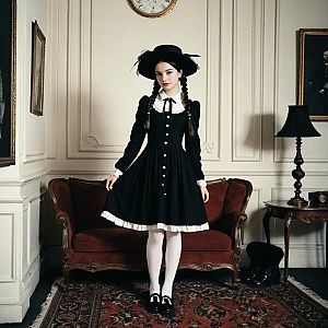 Young Woman in Estella Style Dress and Hat Indoors with Black Footwear