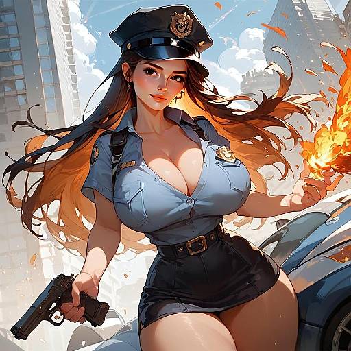Anime Style Police Officer Woman with Gun and Fire Explosion Illustration