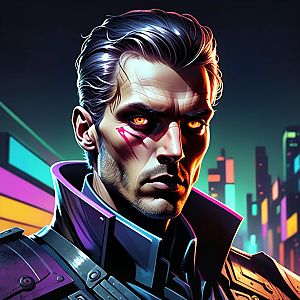 Futuristic Man with Orange Eyes in Cyberpunk City