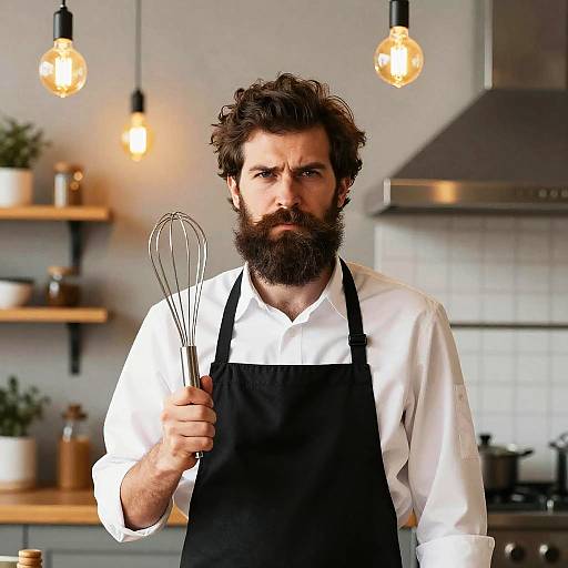 Bearded Man Chef with Whisk in Modern Kitchen