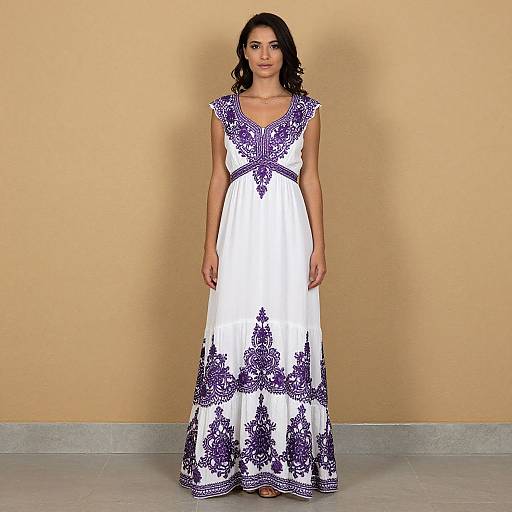 Woman in White and Purple Embroidered Maxi Dress