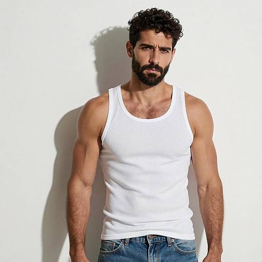 Muscular Man in White Tank Top and Jeans with Intense Look