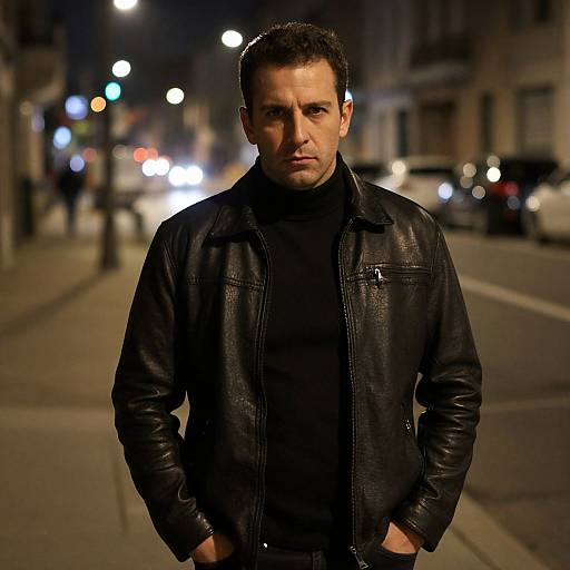 Man in Black Leather Jacket Standing on Nighttime Urban Street
