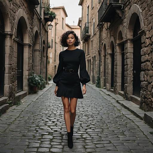 Elegant Woman Walking in Black Dress on Cobblestone Street