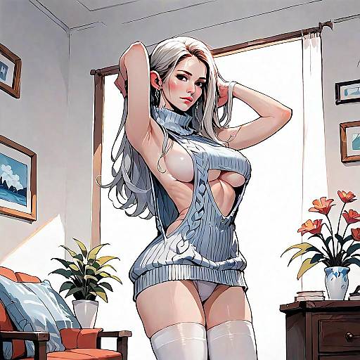 Anime Woman in Revealing Knit Sweater in Cozy Living Room