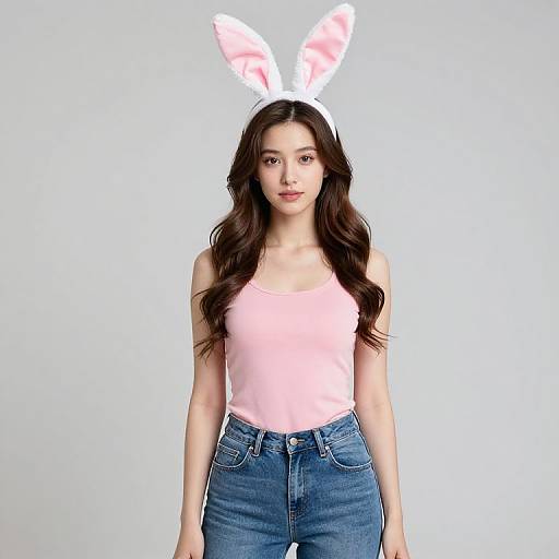 Woman Wearing Bunny Ears Headband with Pink Tank Top and Jeans