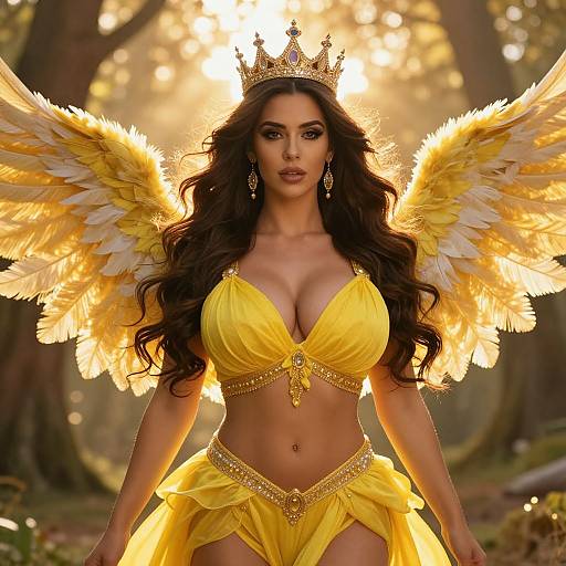 Regal Woman in Yellow Dress with Golden Wings and Crown in Sunlit Forest